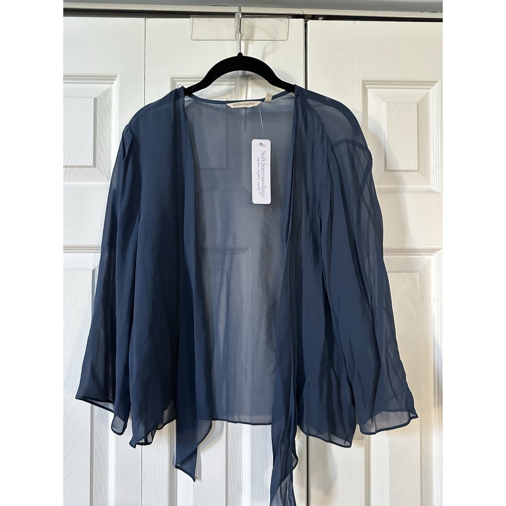 NWT Soft Surroundings Womens 100% Silk Cardigan Shrug XL Blue Sheer Boho